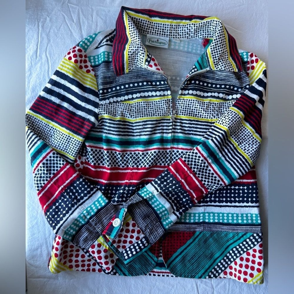 Patchington Jacket Small Multicolor Striped Polka Dot Zip Front Cotton Blend Top